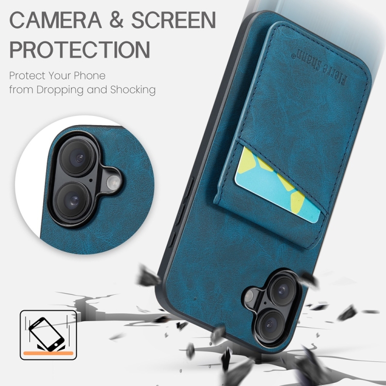 For iPhone 16 Plus Fierre Shann Crazy Horse Card Holder Back Cover PU Phone Case(Blue) For iPhone 16 Plus Fierre Shann Crazy Horse Card Holder Back Cover PU Phone Case(Blue)