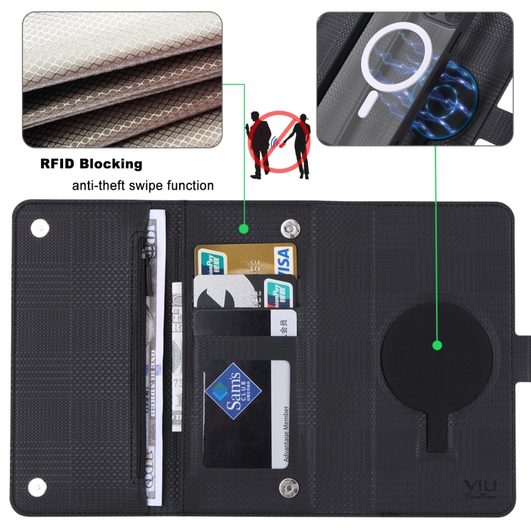For iPhone 15 ViLi GHB Series MagSafe Magnetic Zipper Leather Phone Case(Black) For iPhone 15 ViLi GHB Series MagSafe Magnetic Zipper Leather Phone Case(Black)