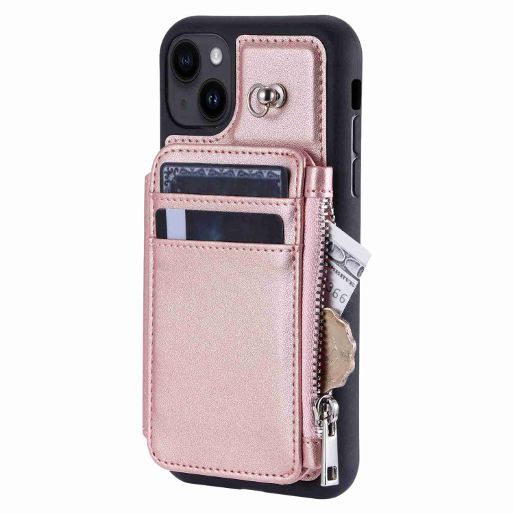 For iPhone 14 Zipper Card Slots RFID Phone Case(Rose Gold) For iPhone 14 Zipper Card Slots RFID Phone Case(Rose Gold)