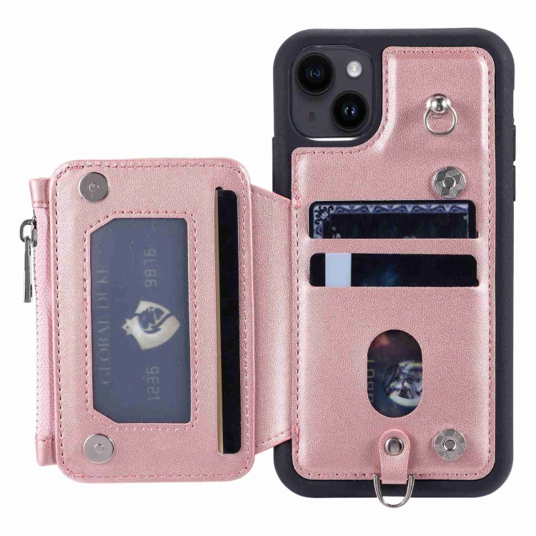 For iPhone 14 Zipper Card Slots RFID Phone Case(Rose Gold) For iPhone 14 Zipper Card Slots RFID Phone Case(Rose Gold)
