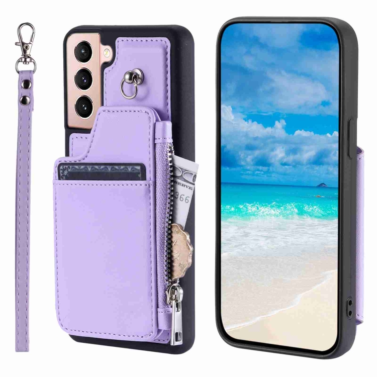For Samsung Galaxy S21 5G Zipper Card Slots RFID Phone Case(Purple) For Samsung Galaxy S21 5G Zipper Card Slots RFID Phone Case(Purple)