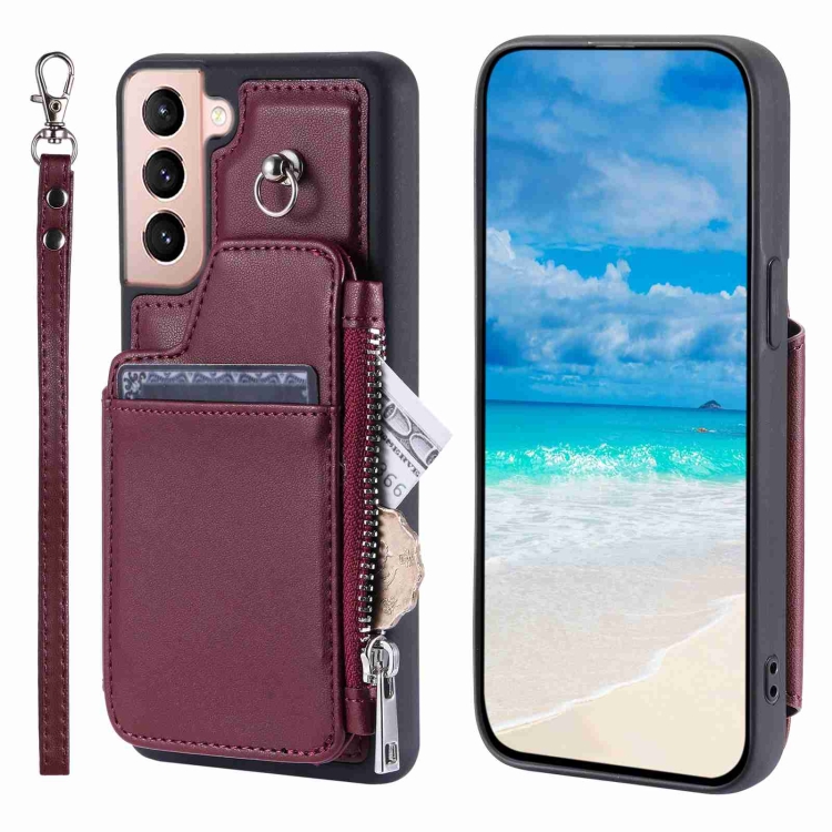For Samsung Galaxy S22 5G Zipper Card Slots RFID Phone Case(Wine Red) For Samsung Galaxy S22 5G Zipper Card Slots RFID Phone Case(Wine Red)
