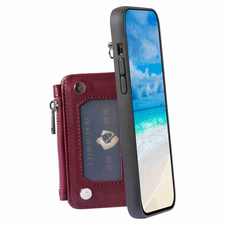 For Samsung Galaxy S22 5G Zipper Card Slots RFID Phone Case(Wine Red) For Samsung Galaxy S22 5G Zipper Card Slots RFID Phone Case(Wine Red)