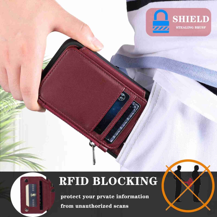 For Samsung Galaxy S22 5G Zipper Card Slots RFID Phone Case(Wine Red) For Samsung Galaxy S22 5G Zipper Card Slots RFID Phone Case(Wine Red)