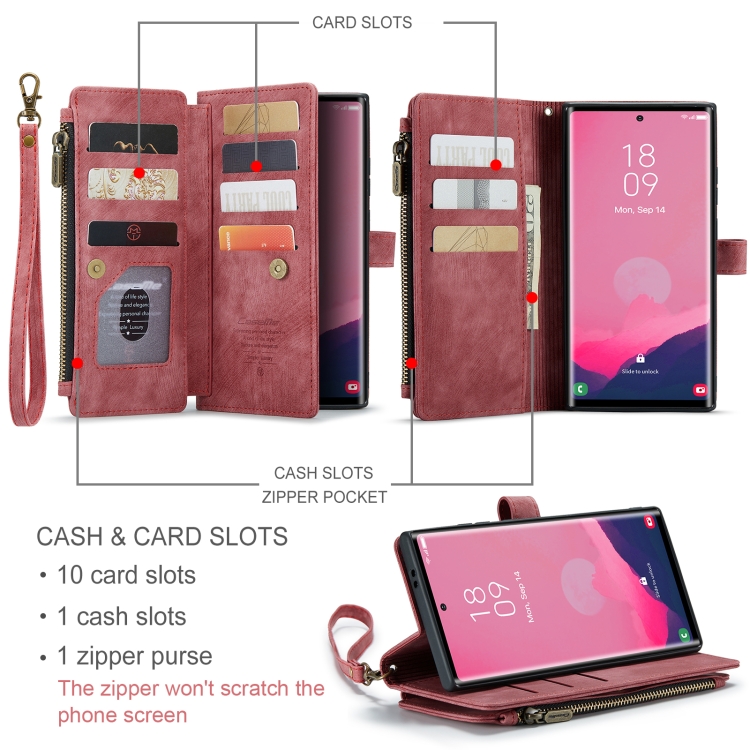 For Samsung Galaxy S24 Ultra 5G CaseMe C30 Card Slots Zipper Wallet Leather Phone Case(Red) For Samsung Galaxy S24 Ultra 5G CaseMe C30 Card Slots Zipper Wallet Leather Phone Case(Red)