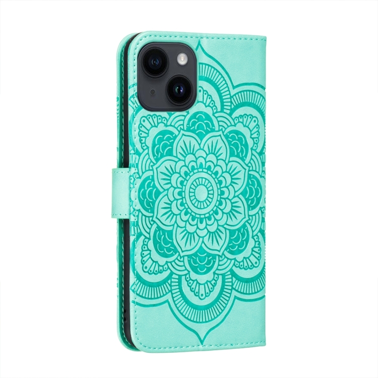 For iPhone 15 Sun Mandala Embossing Leather Phone Case(Green) For iPhone 15 Sun Mandala Embossing Leather Phone Case(Green)