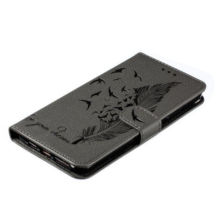 For iPhone 15 Feather Pattern Litchi Texture Leather Phone Case(Gray) For iPhone 15 Feather Pattern Litchi Texture Leather Phone Case(Gray)