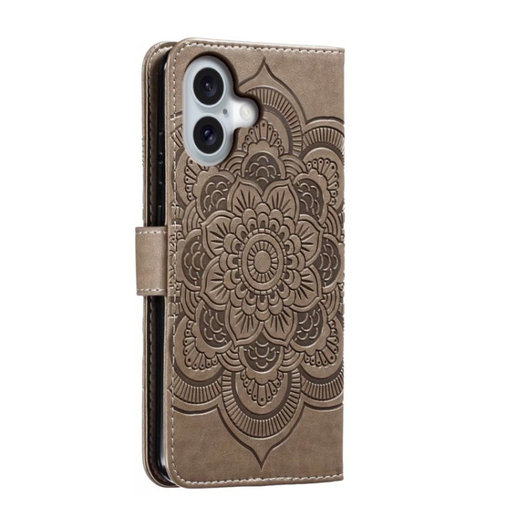 For iPhone 16 Mandala Embossing Pattern Horizontal Flip Leather Phone Case(Gray) For iPhone 16 Mandala Embossing Pattern Horizontal Flip Leather Phone Case(Gray)