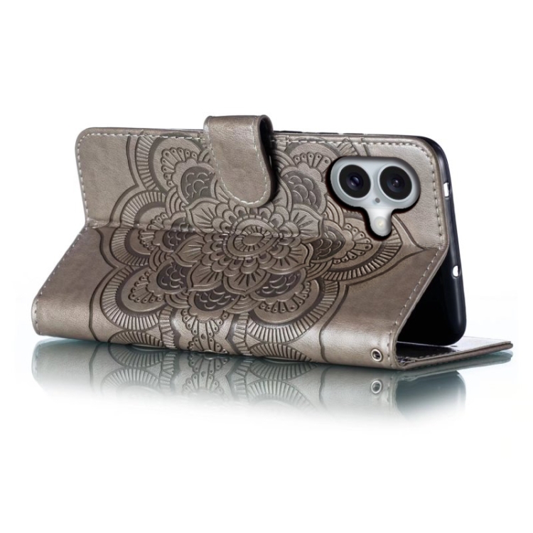 For iPhone 16 Mandala Embossing Pattern Horizontal Flip Leather Phone Case(Gray) For iPhone 16 Mandala Embossing Pattern Horizontal Flip Leather Phone Case(Gray)
