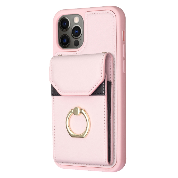 For iPhone 12 / 12 Pro BF29 Organ Card Bag Ring Holder Phone Case(Pink) For iPhone 12 / 12 Pro BF29 Organ Card Bag Ring Holder Phone Case(Pink)