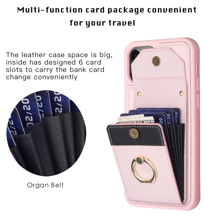 For iPhone 12 / 12 Pro BF29 Organ Card Bag Ring Holder Phone Case(Pink) For iPhone 12 / 12 Pro BF29 Organ Card Bag Ring Holder Phone Case(Pink)
