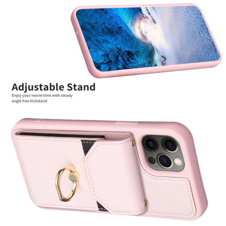 For iPhone 12 / 12 Pro BF29 Organ Card Bag Ring Holder Phone Case(Pink) For iPhone 12 / 12 Pro BF29 Organ Card Bag Ring Holder Phone Case(Pink)