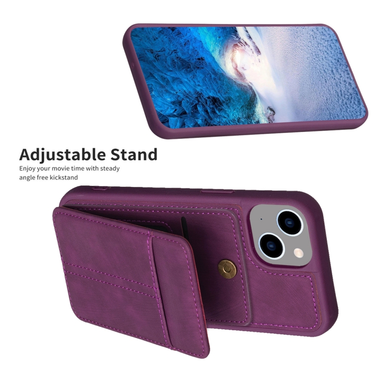 For iPhone 14 / 13 BF28 Frosted Card Bag Phone Case with Holder(Dark Purple)