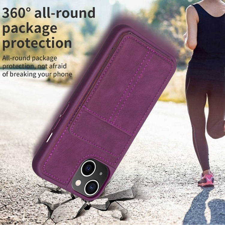 For iPhone 14 / 13 BF28 Frosted Card Bag Phone Case with Holder(Dark Purple)
