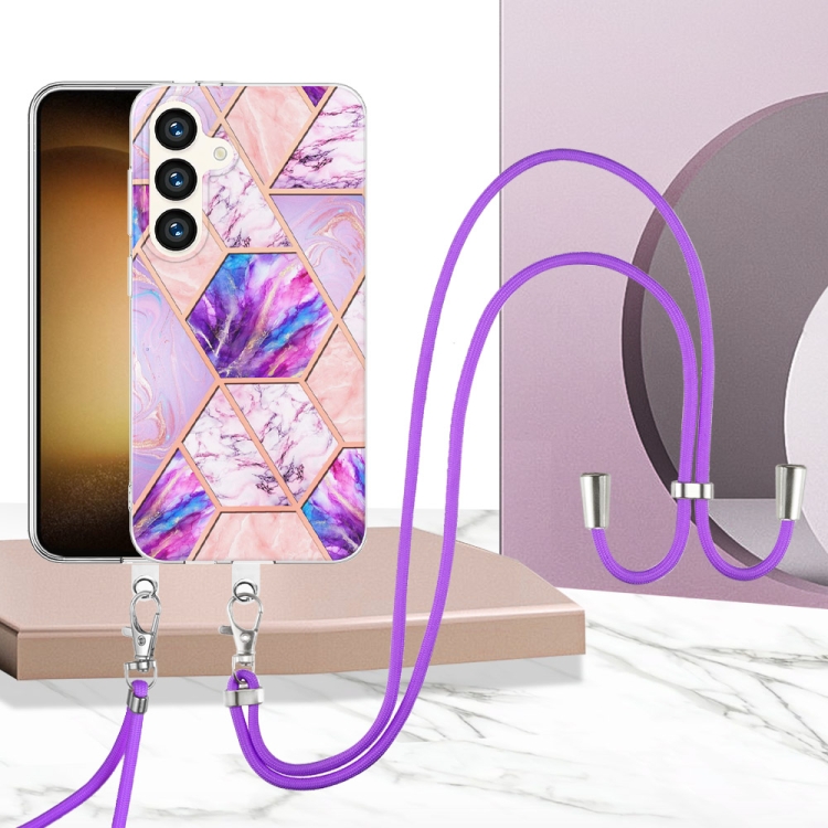 For Samsung Galaxy S24 5G Electroplating IMD Splicing Dual-side Marble TPU Phone Case with Lanyard(Light Purple) For Samsung Galaxy S24 5G Electroplating IMD Splicing Dual-side Marble TPU Phone Case with Lanyard(Light Purple)