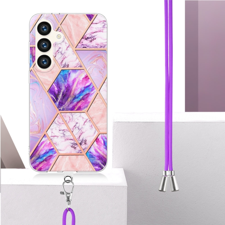 For Samsung Galaxy S24 5G Electroplating IMD Splicing Dual-side Marble TPU Phone Case with Lanyard(Light Purple) For Samsung Galaxy S24 5G Electroplating IMD Splicing Dual-side Marble TPU Phone Case with Lanyard(Light Purple)