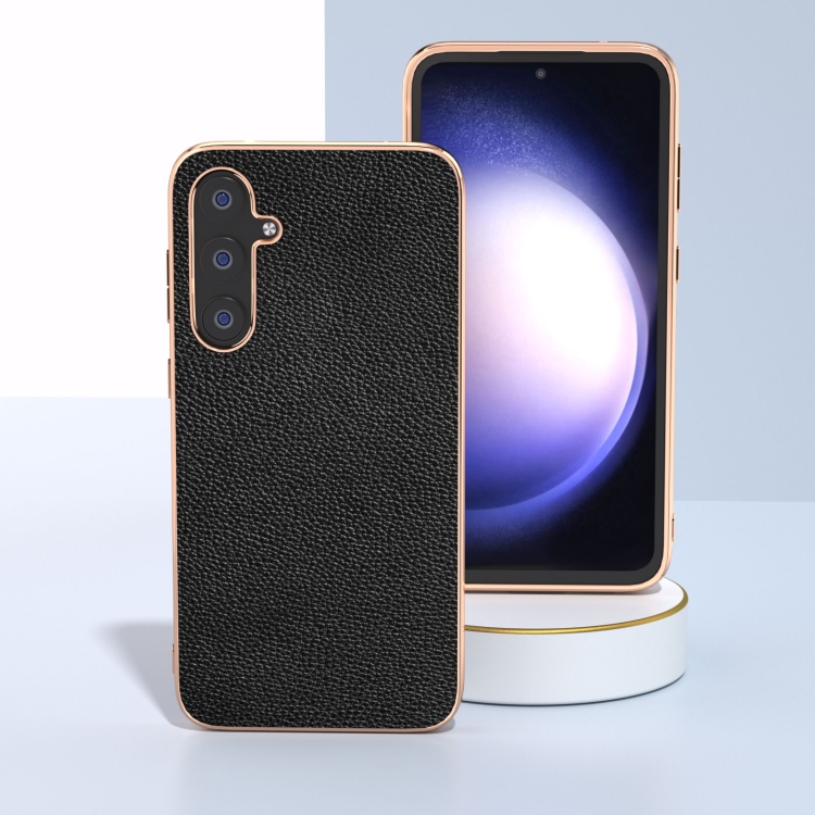For Samsung Galaxy S23 FE 5G Genuine Leather Mino Series Nano Plating Phone Case(Black)