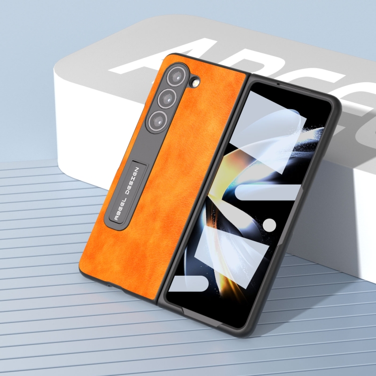 For Samsung Galaxy Z Fold5 ABEEL Integrated Dual Color Lichi Texture PU Phone Case with Holder(Orange) For Samsung Galaxy Z Fold5 ABEEL Integrated Dual Color Lichi Texture PU Phone Case with Holder(Orange)