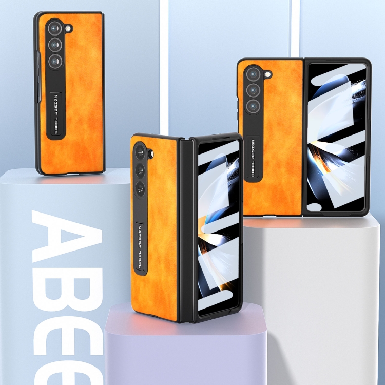 For Samsung Galaxy Z Fold5 ABEEL Integrated Dual Color Lichi Texture PU Phone Case with Holder(Orange) For Samsung Galaxy Z Fold5 ABEEL Integrated Dual Color Lichi Texture PU Phone Case with Holder(Orange)