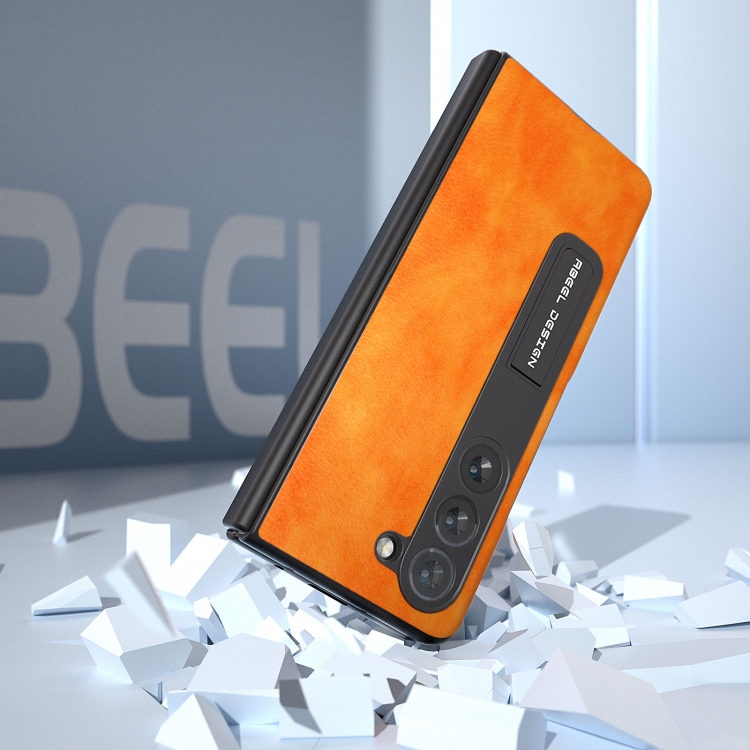 For Samsung Galaxy Z Fold5 ABEEL Integrated Dual Color Lichi Texture PU Phone Case with Holder(Orange) For Samsung Galaxy Z Fold5 ABEEL Integrated Dual Color Lichi Texture PU Phone Case with Holder(Orange)