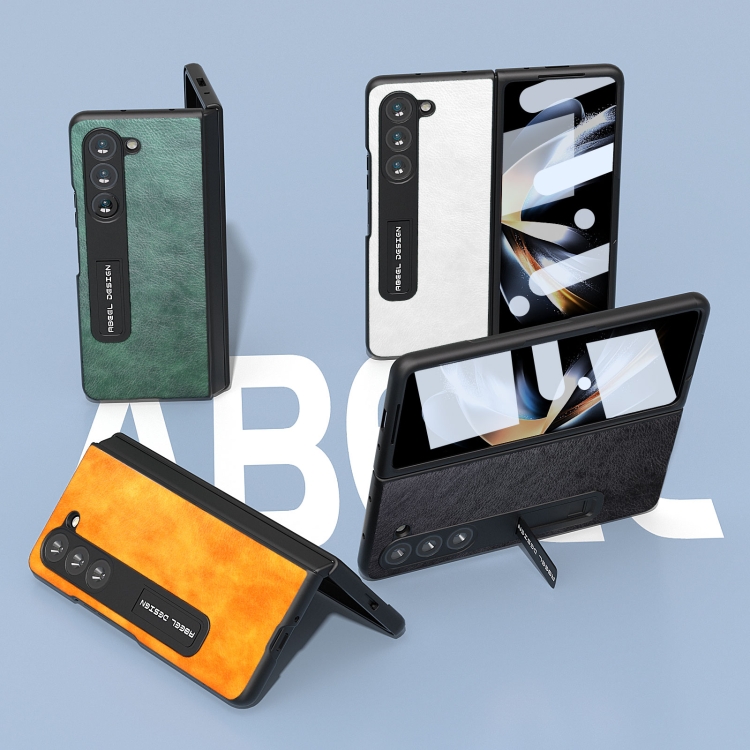 For Samsung Galaxy Z Fold5 ABEEL Integrated Dual Color Lichi Texture PU Phone Case with Holder(Orange) For Samsung Galaxy Z Fold5 ABEEL Integrated Dual Color Lichi Texture PU Phone Case with Holder(Orange)
