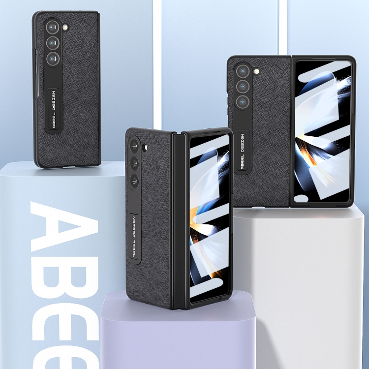For Samsung Galaxy Z Fold5 ABEEL Integrated Cross Texture Genuine Leather Phone Case with Holder(Black) For Samsung Galaxy Z Fold5 ABEEL Integrated Cross Texture Genuine Leather Phone Case with Holder(Black)