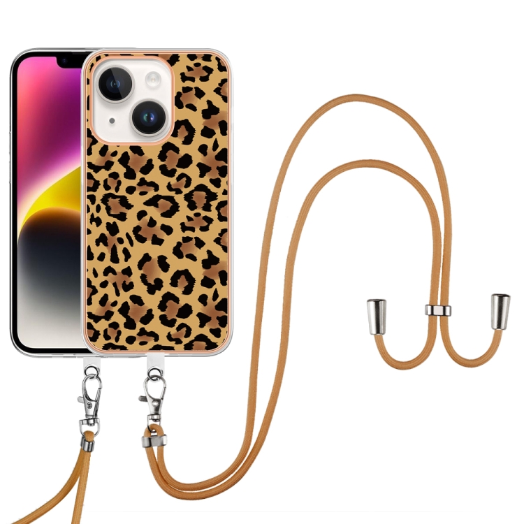 For iPhone 15 Plus Electroplating Dual-side IMD Phone Case with Lanyard(Leopard Print) For iPhone 15 Plus Electroplating Dual-side IMD Phone Case with Lanyard(Leopard Print)