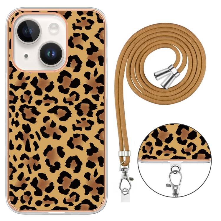 For iPhone 15 Plus Electroplating Dual-side IMD Phone Case with Lanyard(Leopard Print) For iPhone 15 Plus Electroplating Dual-side IMD Phone Case with Lanyard(Leopard Print)