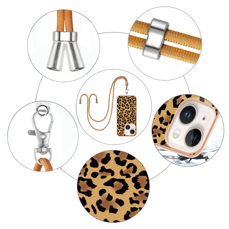 For iPhone 15 Plus Electroplating Dual-side IMD Phone Case with Lanyard(Leopard Print) For iPhone 15 Plus Electroplating Dual-side IMD Phone Case with Lanyard(Leopard Print)