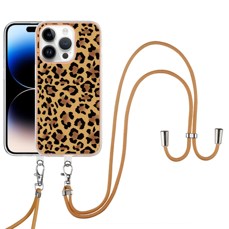 For iPhone 16 Pro Electroplating Dual-side IMD Phone Case with Lanyard(Leopard Print) For iPhone 16 Pro Electroplating Dual-side IMD Phone Case with Lanyard(Leopard Print)