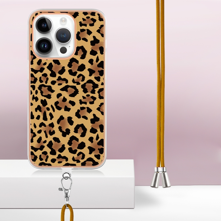 For iPhone 16 Pro Electroplating Dual-side IMD Phone Case with Lanyard(Leopard Print) For iPhone 16 Pro Electroplating Dual-side IMD Phone Case with Lanyard(Leopard Print)