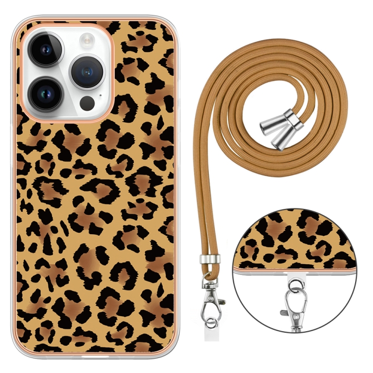 For iPhone 16 Pro Electroplating Dual-side IMD Phone Case with Lanyard(Leopard Print) For iPhone 16 Pro Electroplating Dual-side IMD Phone Case with Lanyard(Leopard Print)