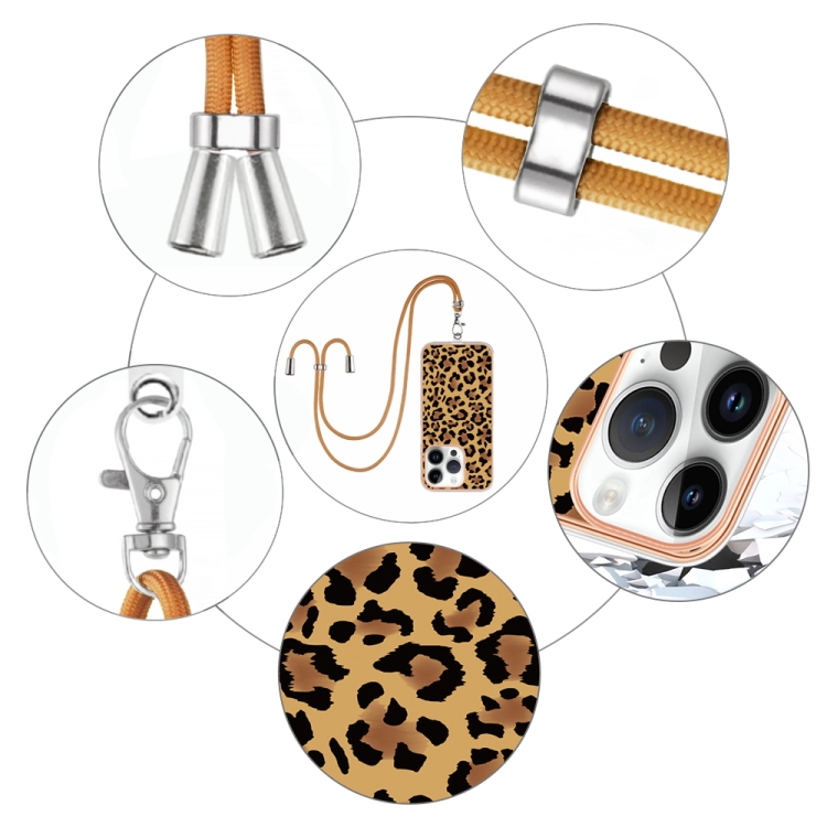 For iPhone 16 Pro Electroplating Dual-side IMD Phone Case with Lanyard(Leopard Print) For iPhone 16 Pro Electroplating Dual-side IMD Phone Case with Lanyard(Leopard Print)