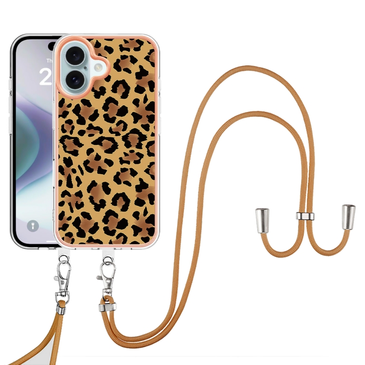 For iPhone 16 Electroplating Dual-side IMD Phone Case with Lanyard(Leopard Print) For iPhone 16 Electroplating Dual-side IMD Phone Case with Lanyard(Leopard Print)