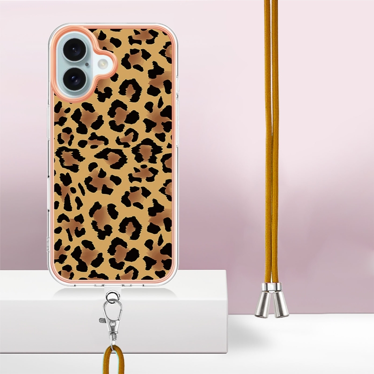 For iPhone 16 Electroplating Dual-side IMD Phone Case with Lanyard(Leopard Print) For iPhone 16 Electroplating Dual-side IMD Phone Case with Lanyard(Leopard Print)