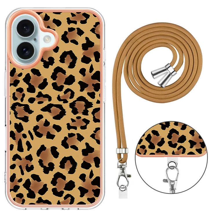 For iPhone 16 Electroplating Dual-side IMD Phone Case with Lanyard(Leopard Print) For iPhone 16 Electroplating Dual-side IMD Phone Case with Lanyard(Leopard Print)