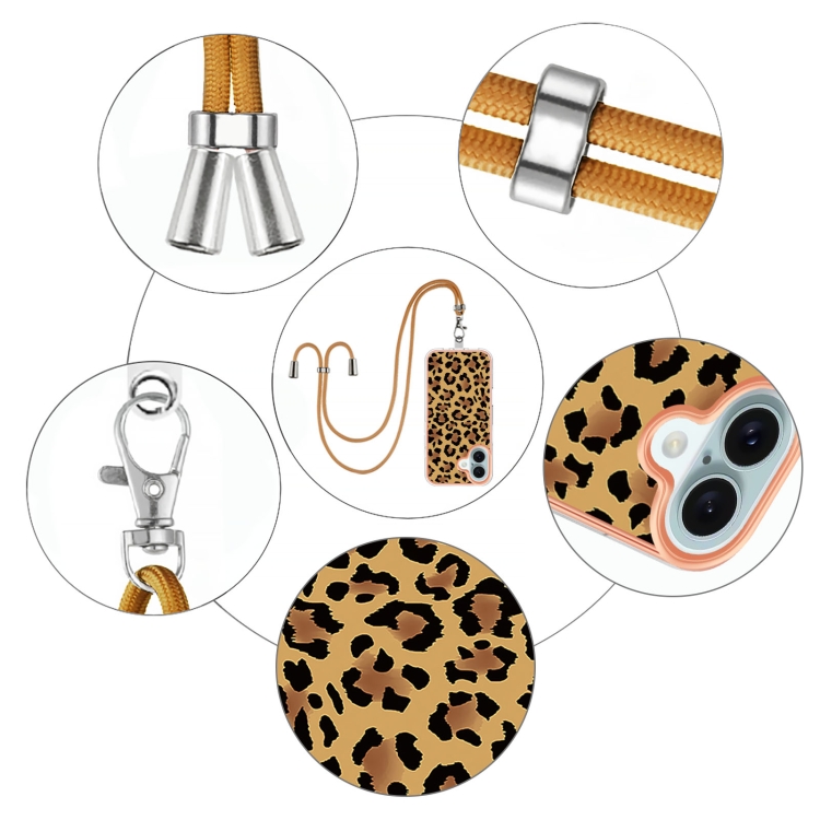 For iPhone 16 Electroplating Dual-side IMD Phone Case with Lanyard(Leopard Print) For iPhone 16 Electroplating Dual-side IMD Phone Case with Lanyard(Leopard Print)