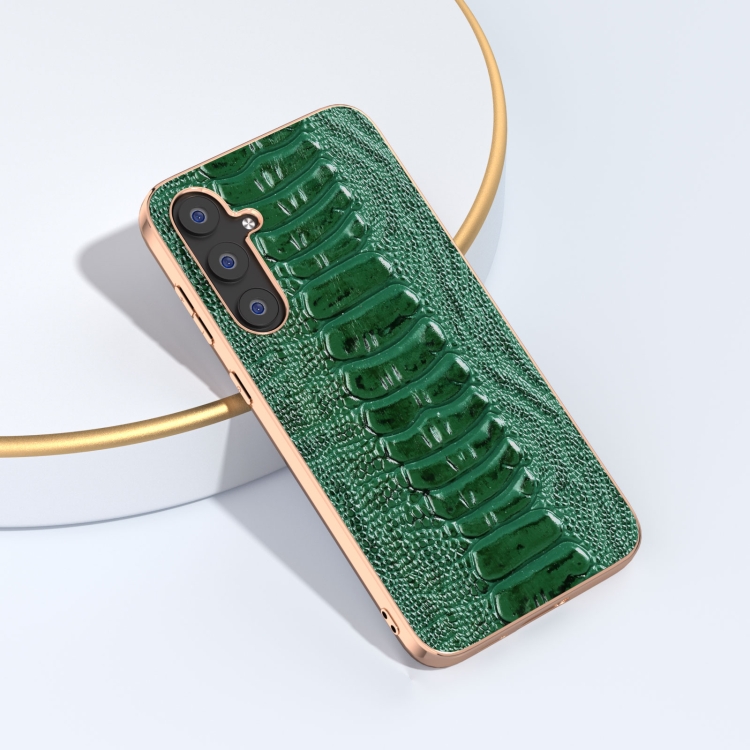 For Samsung Galaxy S23 FE 5G Genuine Leather Weilai Series Nano Electroplating Phone Case(Green) For Samsung Galaxy S23 FE 5G Genuine Leather Weilai Series Nano Electroplating Phone Case(Green)