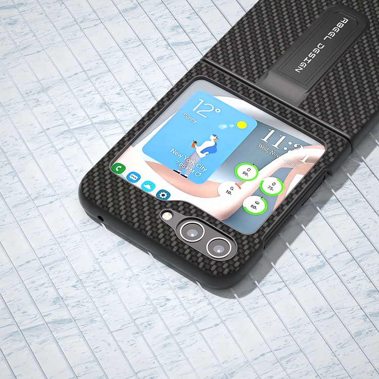 For Samsung Galaxy Z Flip5 ABEEL Carbon Fiber Texture Protective Phone Case with Holder(Black) For Samsung Galaxy Z Flip5 ABEEL Carbon Fiber Texture Protective Phone Case with Holder(Black)