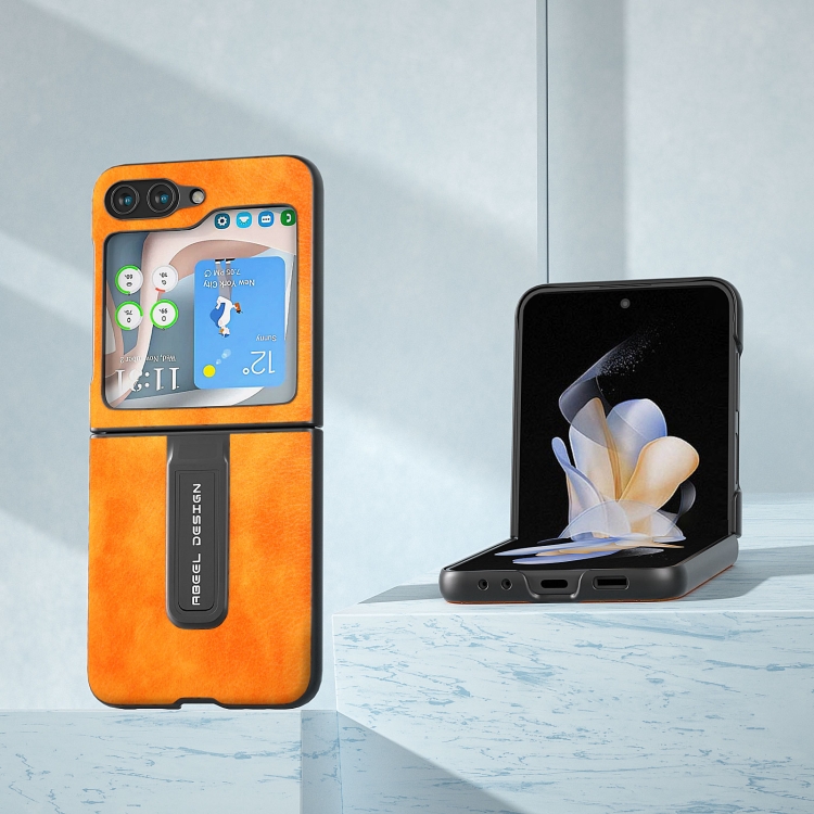 For Samsung Galaxy Z Flip5 ABEEL Dual Color Lichi Texture PU Phone Case with Holder(Orange) For Samsung Galaxy Z Flip5 ABEEL Dual Color Lichi Texture PU Phone Case with Holder(Orange)