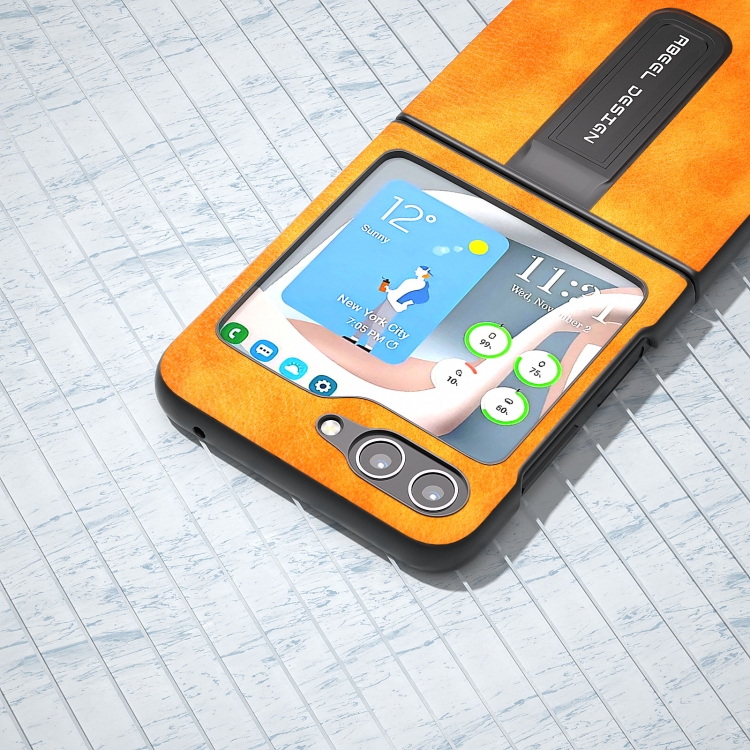 For Samsung Galaxy Z Flip5 ABEEL Dual Color Lichi Texture PU Phone Case with Holder(Orange) For Samsung Galaxy Z Flip5 ABEEL Dual Color Lichi Texture PU Phone Case with Holder(Orange)