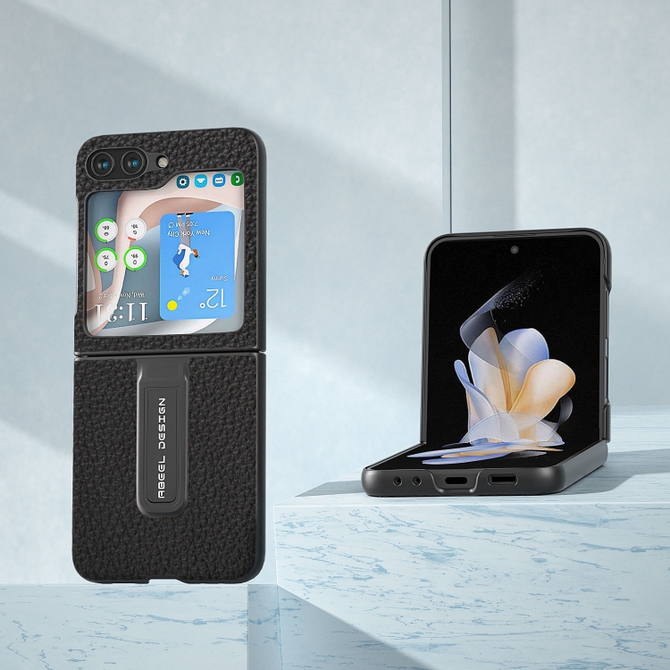 For Samsung Galaxy Z Flip5 ABEEL Genuine Leather Litchi Texture Phone Case with Holder(Black) For Samsung Galaxy Z Flip5 ABEEL Genuine Leather Litchi Texture Phone Case with Holder(Black)