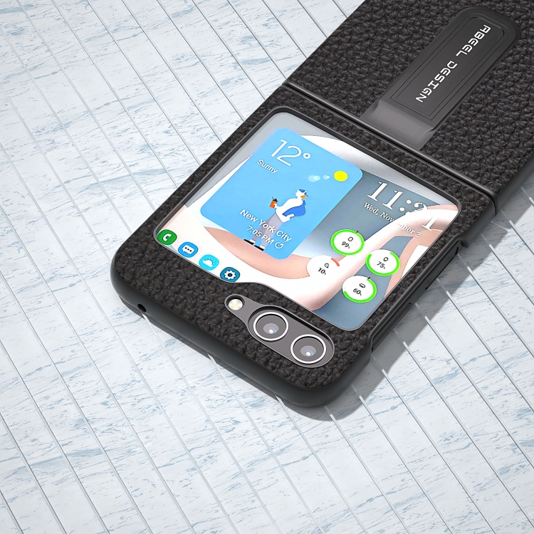 For Samsung Galaxy Z Flip5 ABEEL Genuine Leather Litchi Texture Phone Case with Holder(Black) For Samsung Galaxy Z Flip5 ABEEL Genuine Leather Litchi Texture Phone Case with Holder(Black)