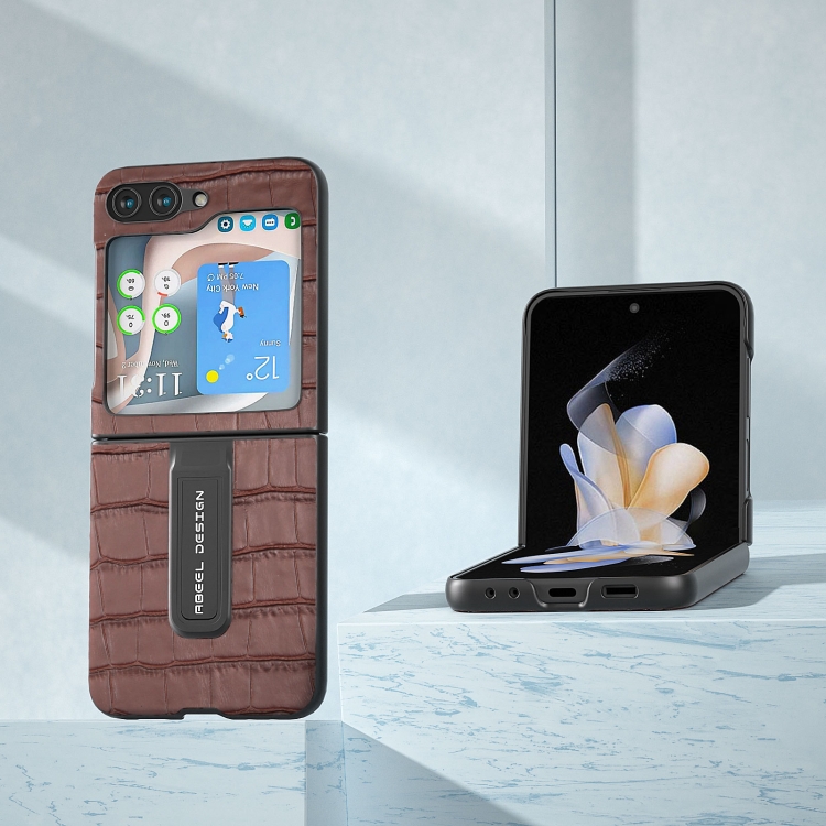 For Samsung Galaxy Z Flip5 ABEEL Crocodile Texture Genuine Leather Phone Case with Holder(Brown) For Samsung Galaxy Z Flip5 ABEEL Crocodile Texture Genuine Leather Phone Case with Holder(Brown)
