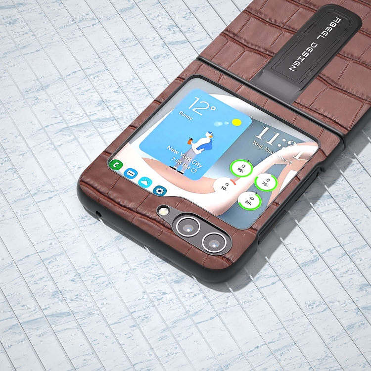 For Samsung Galaxy Z Flip5 ABEEL Crocodile Texture Genuine Leather Phone Case with Holder(Brown) For Samsung Galaxy Z Flip5 ABEEL Crocodile Texture Genuine Leather Phone Case with Holder(Brown)
