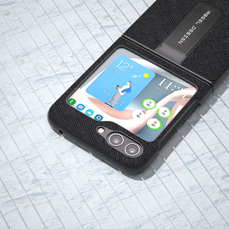 For Samsung Galaxy Z Flip5 ABEEL Cross Texture Genuine Leather Phone Case with Holder(Black) For Samsung Galaxy Z Flip5 ABEEL Cross Texture Genuine Leather Phone Case with Holder(Black)