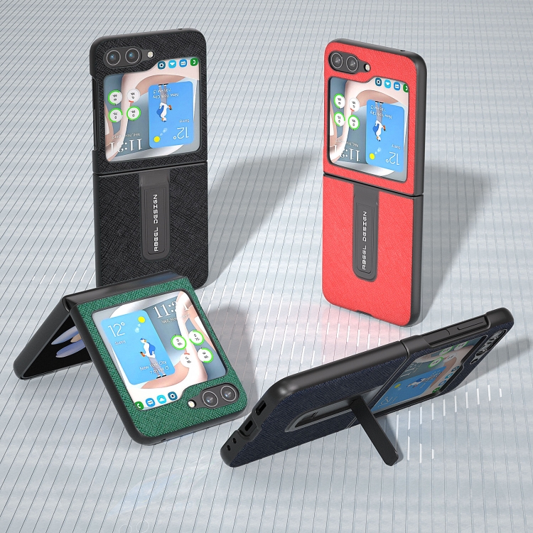 For Samsung Galaxy Z Flip5 ABEEL Cross Texture Genuine Leather Phone Case with Holder(Black) For Samsung Galaxy Z Flip5 ABEEL Cross Texture Genuine Leather Phone Case with Holder(Black)