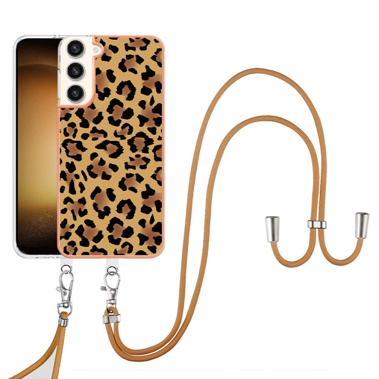 For Samsung Galaxy S22+ 5G Electroplating Dual-side IMD Phone Case with Lanyard(Leopard Print)