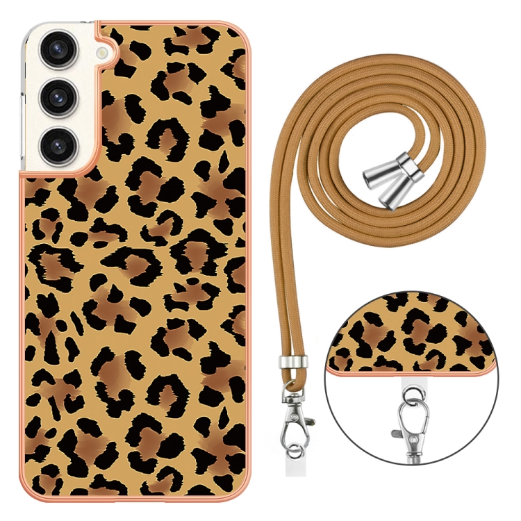 For Samsung Galaxy S22+ 5G Electroplating Dual-side IMD Phone Case with Lanyard(Leopard Print)
