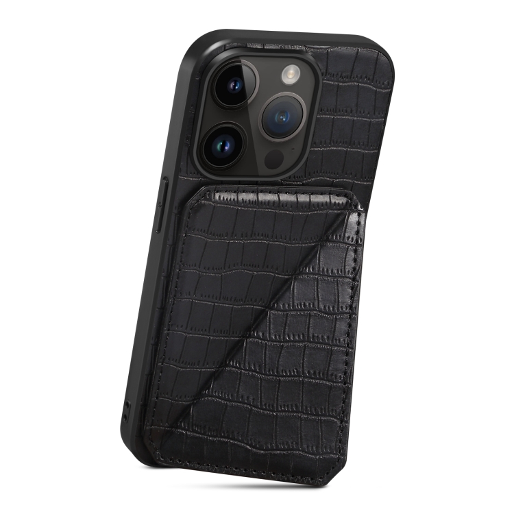 For iPhone 15 Plus Imitation Crocodile Leather Back Phone Case with Holder(Black) For iPhone 15 Plus Imitation Crocodile Leather Back Phone Case with Holder(Black)